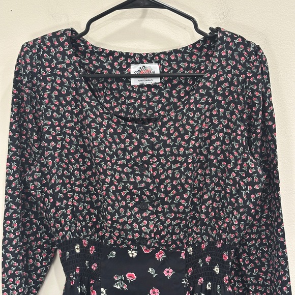VTG 80s Lanz Originals Ditsy Floral Shirred Midi Dress Black Pink Chintz Cottage - Picture 3 of 13